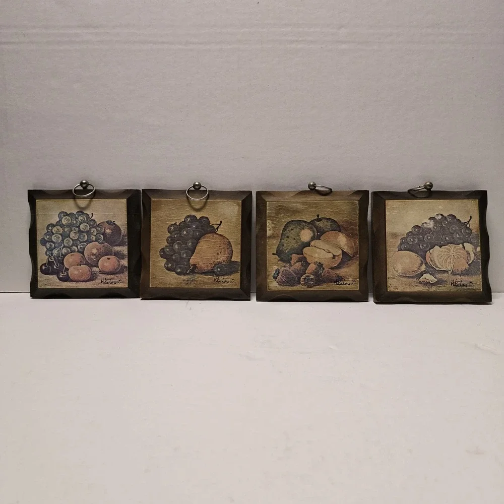 Vintage Homco Fruit Still Life Wall Plaques Set of 4 Wood Framed Kitchen Decor
